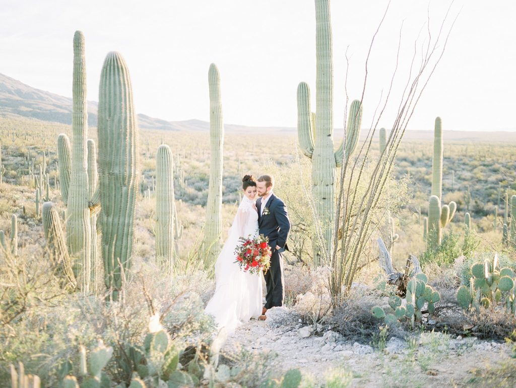 bride and groom in desert 